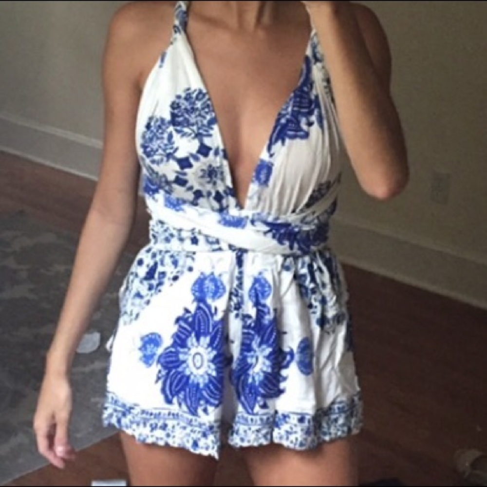 LF blue and white wrap romper